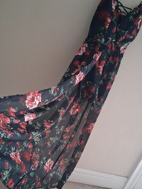 Ambiance Black Maxi Dress with Red Rose Print